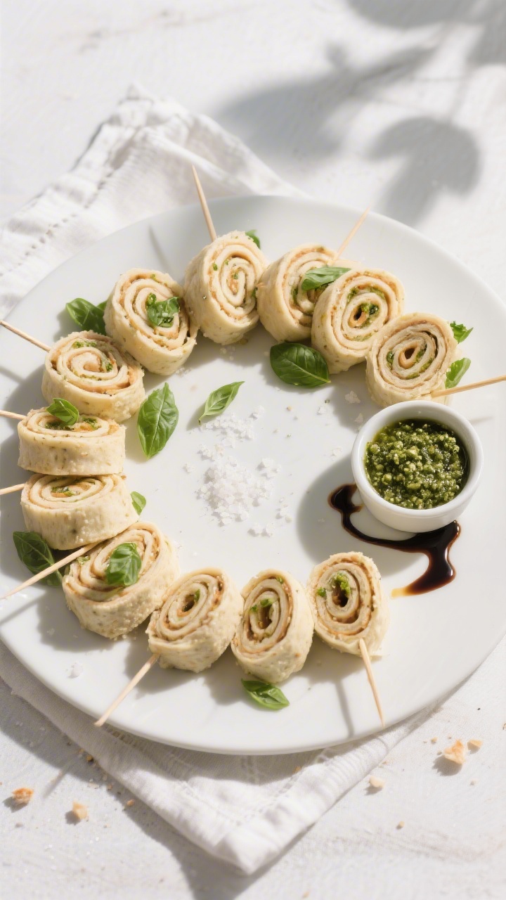 Overhead “tasty top view” of the final platter: a circular arrangement of pinwheels on a matte w