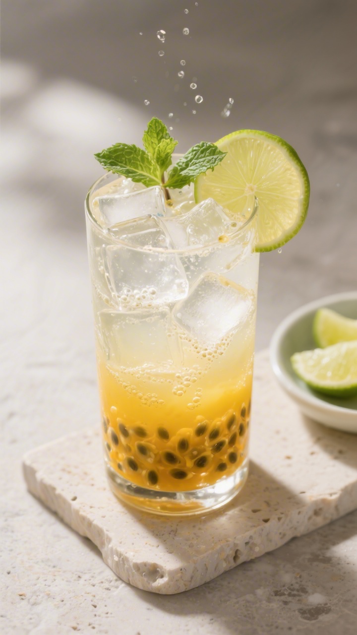 Overhead “tasty top view” of the Quick Passion Fruit Sparkler just assembled in a tall chilled h