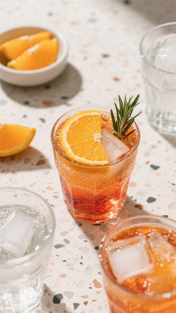 Overhead “tasty top view” shot: Final Aperol Spritz finished with the perfected 3-2-1 ratio, top