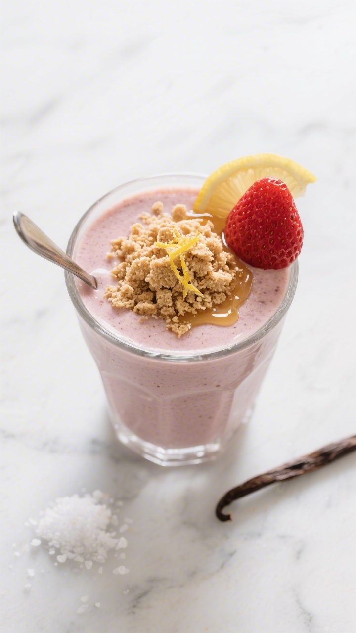 Overhead “tasty top view” shot: Final smoothie served thick and spoonable in a clear glass, topp