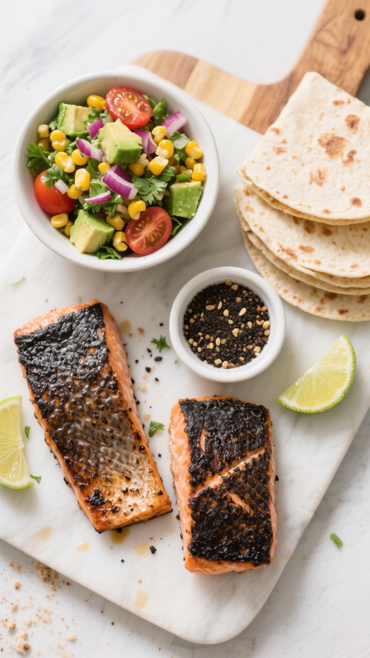 Overhead “tasty top view” spread: Top-down shot of two blackened salmon fillets side-by-side wit