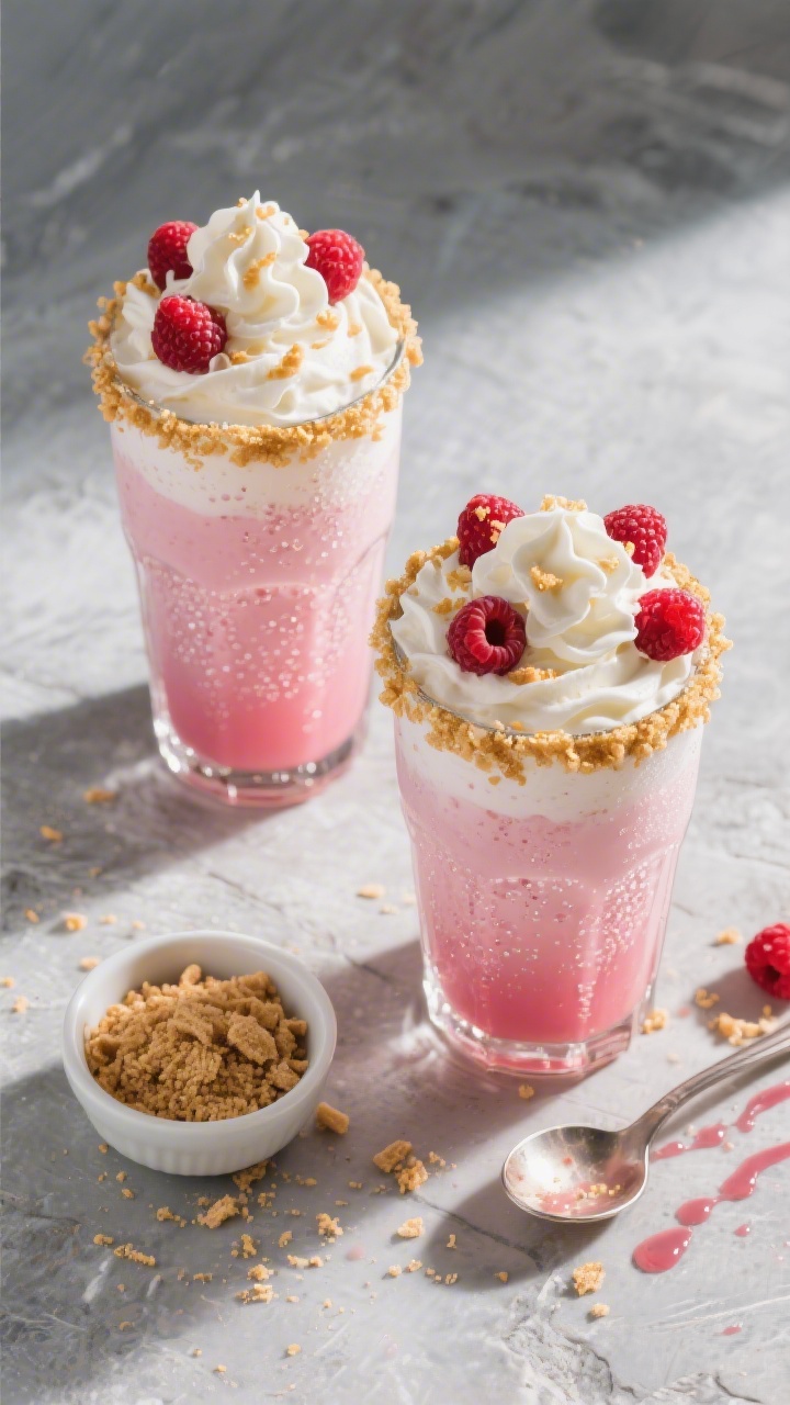 Overhead “tasty top view”: Two dessert-style sodas fully assembled and frothy on a cool stone su