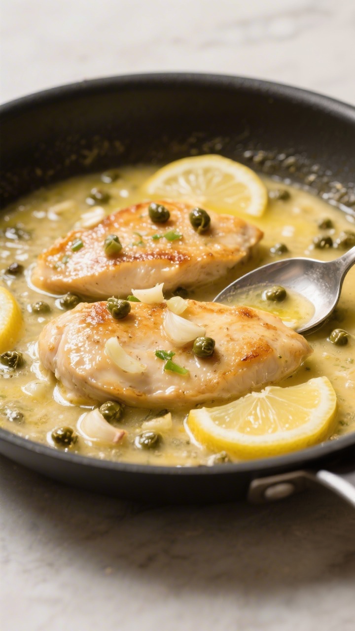 Overhead, top-down shot of chicken piccata in the pan during the sauce build: glossy lemon-butter pa