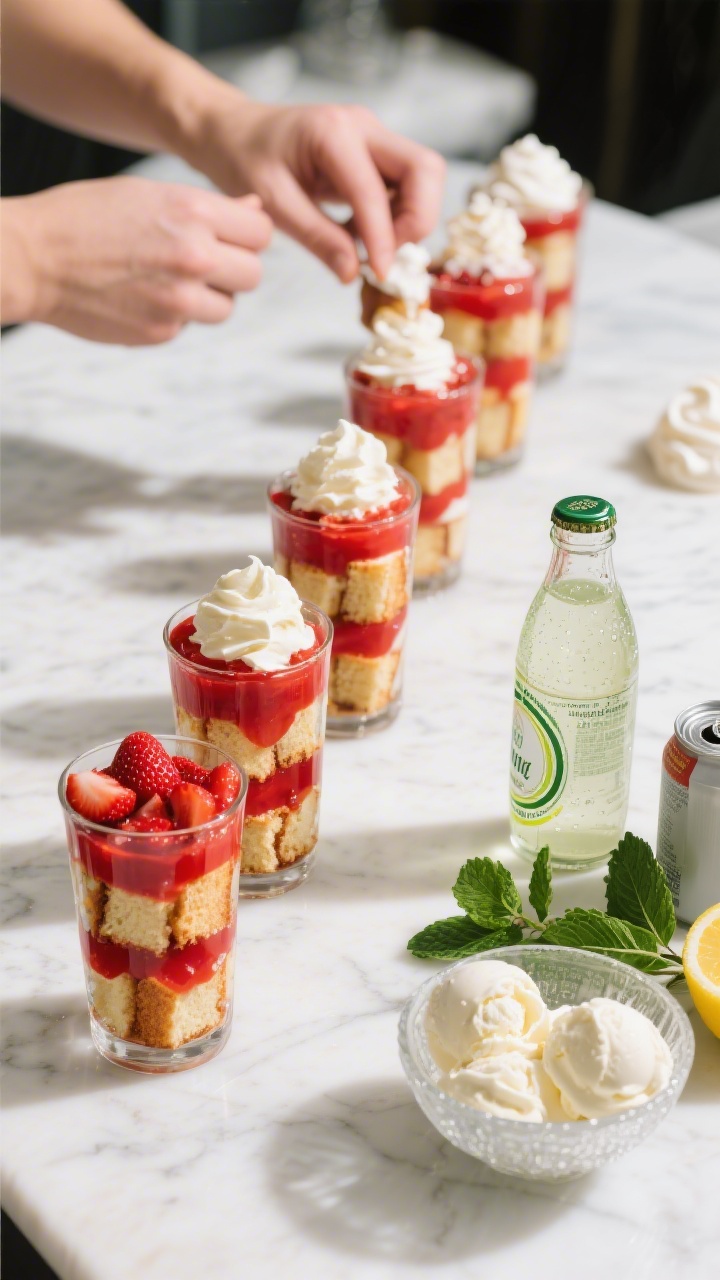 Overhead “topping bar” process shot: Chilled tall glasses lined up on a white marble surface wit