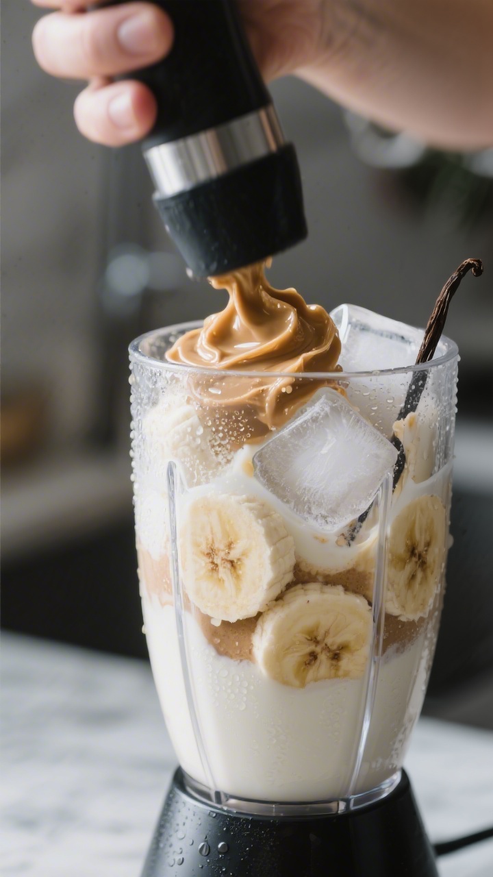 Process action shot: Blender jar filled and ready just before blending—almond milk base visible wi