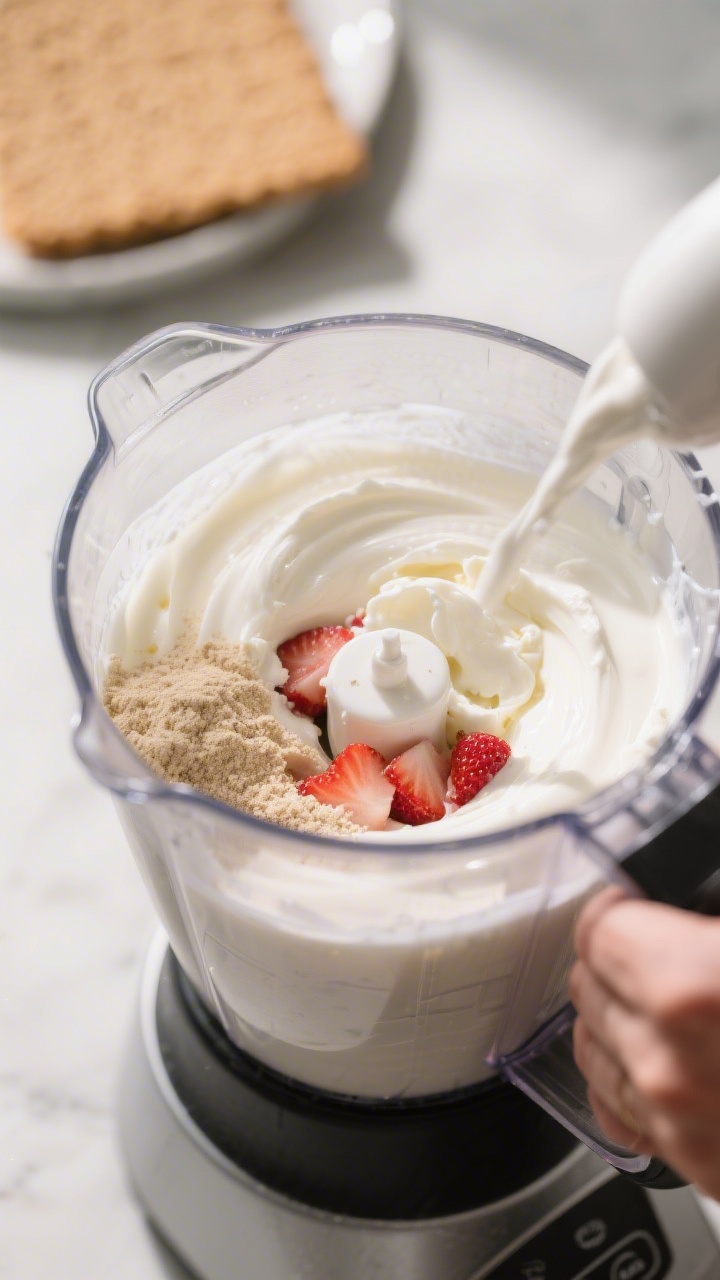 Process-in-action shot: Ingredients blending stage focused inside a high-powered blender—milk at t