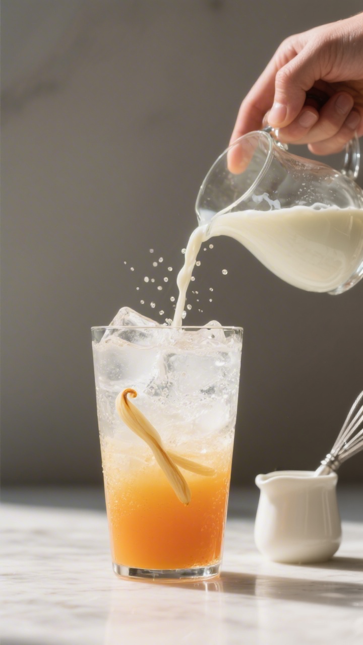 Process-in-action shot: The layered assembly of the soda in a chilled glass—orange-vanilla base po