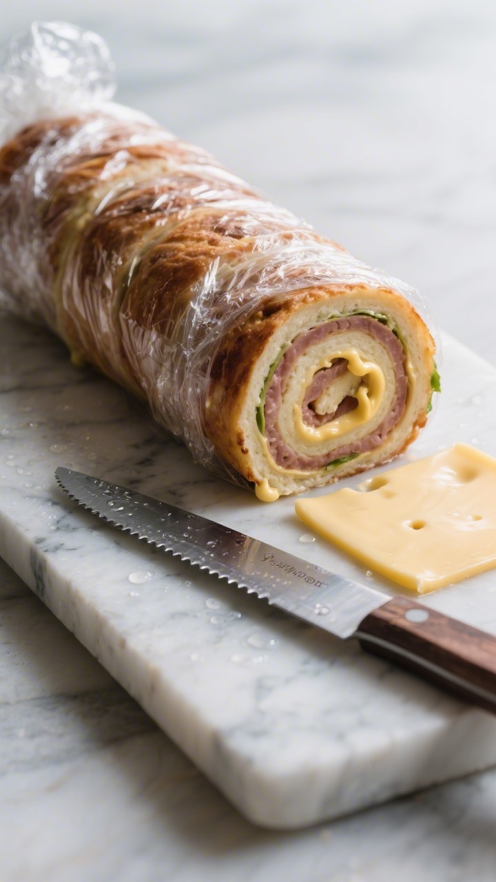 Process-oriented image: Rolled Cuban pinwheel logs wrapped in plastic wrap resting on a chilled marb