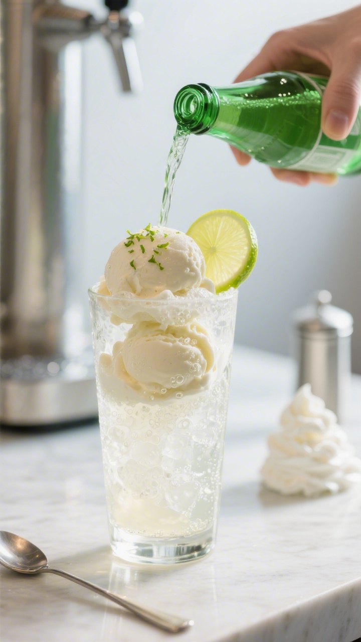 Process shot: pouring the chilled lime soda slowly at an angle into a tall, pre-frosted soda-fountai