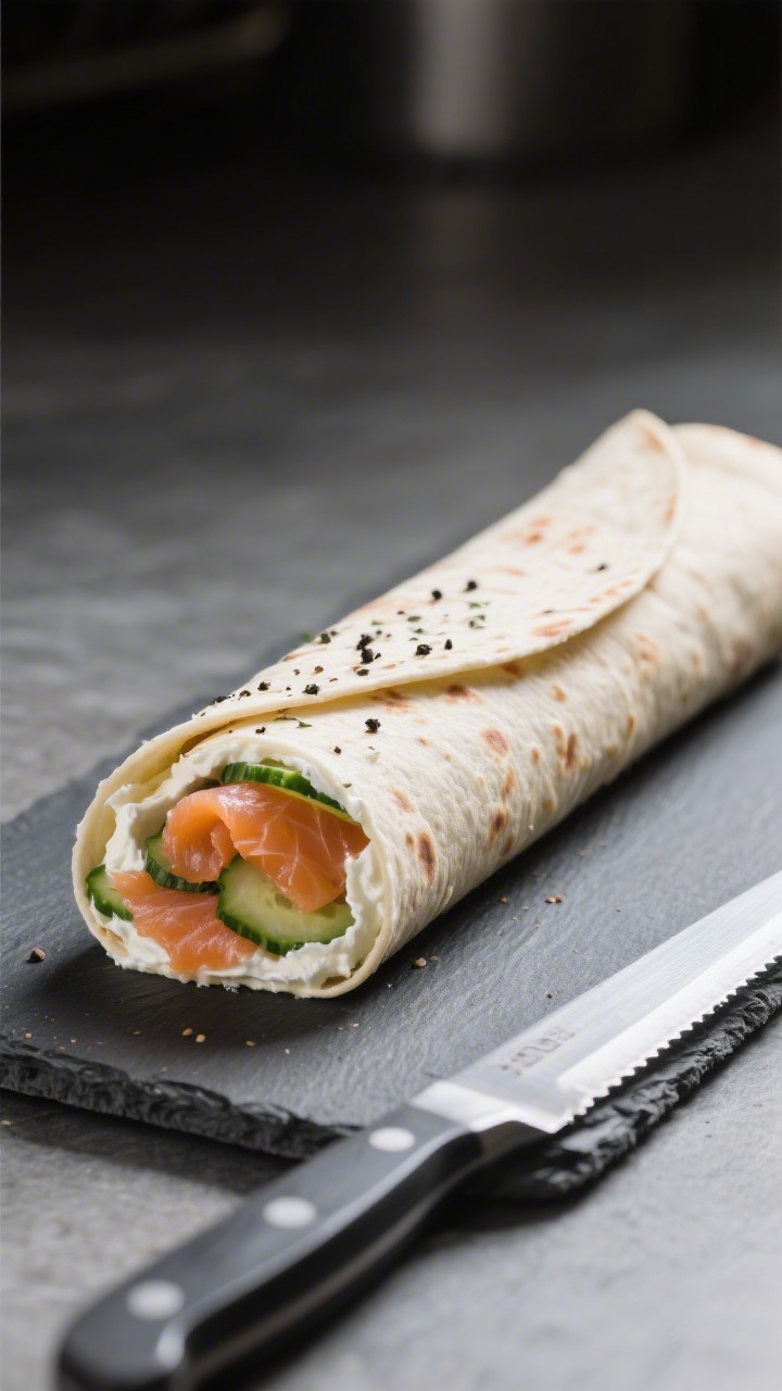 Process shot showing the assembled tortilla roll just before slicing: a snug, seam-side-down log res