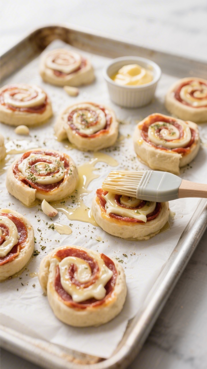 Process shot: sliced pinwheels arranged cut-side up on a parchment-lined baking sheet, brushed with