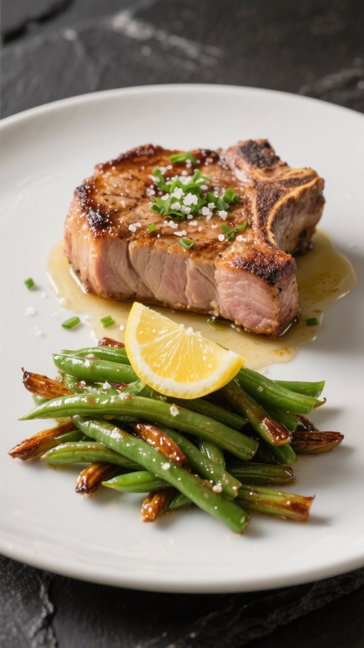 Restaurant-quality plated presentation of a single ranch pork chop with green beans: pork sliced to