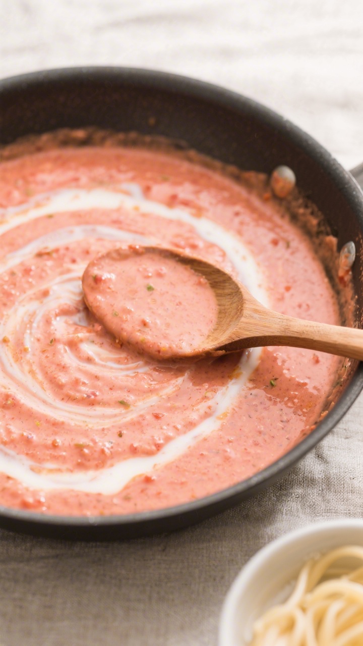 Sauce development overhead: Thickened crushed tomato sauce just after stirring in full-fat coconut m