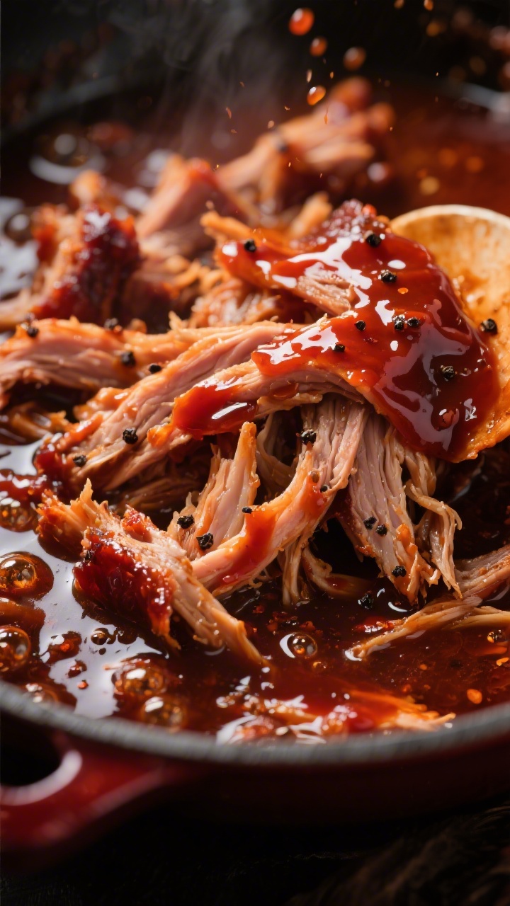 Saucing stage close-up: Macro shot of shredded pork being folded back into a pot with thick, glossy