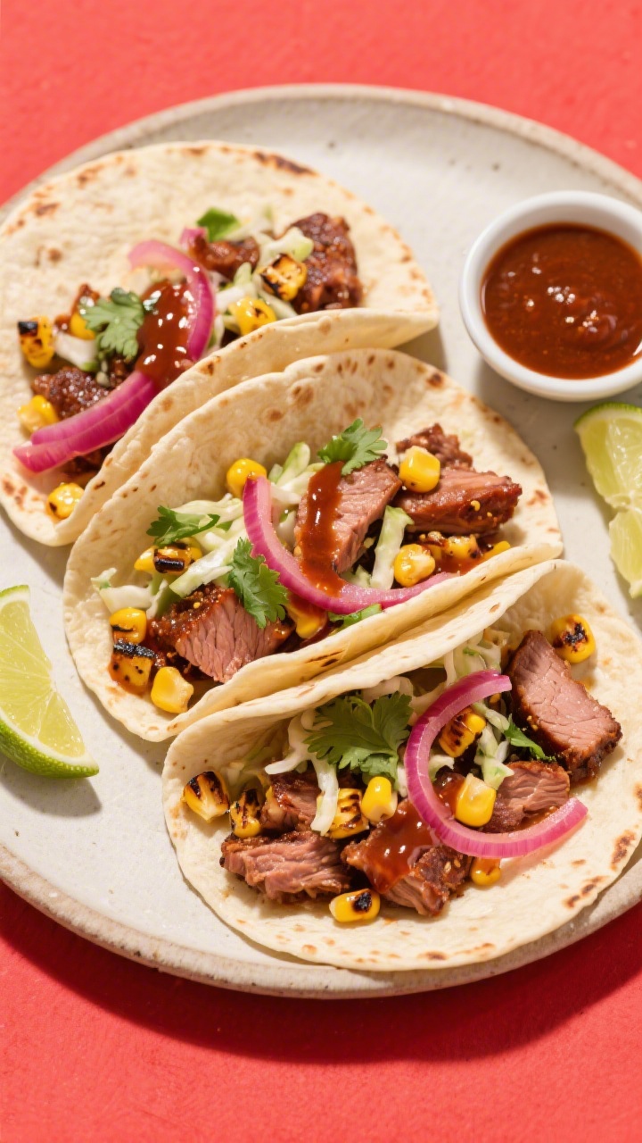 Serving idea — Taco build: Overhead shot of warm tortillas filled with chopped chipotle BBQ pork t