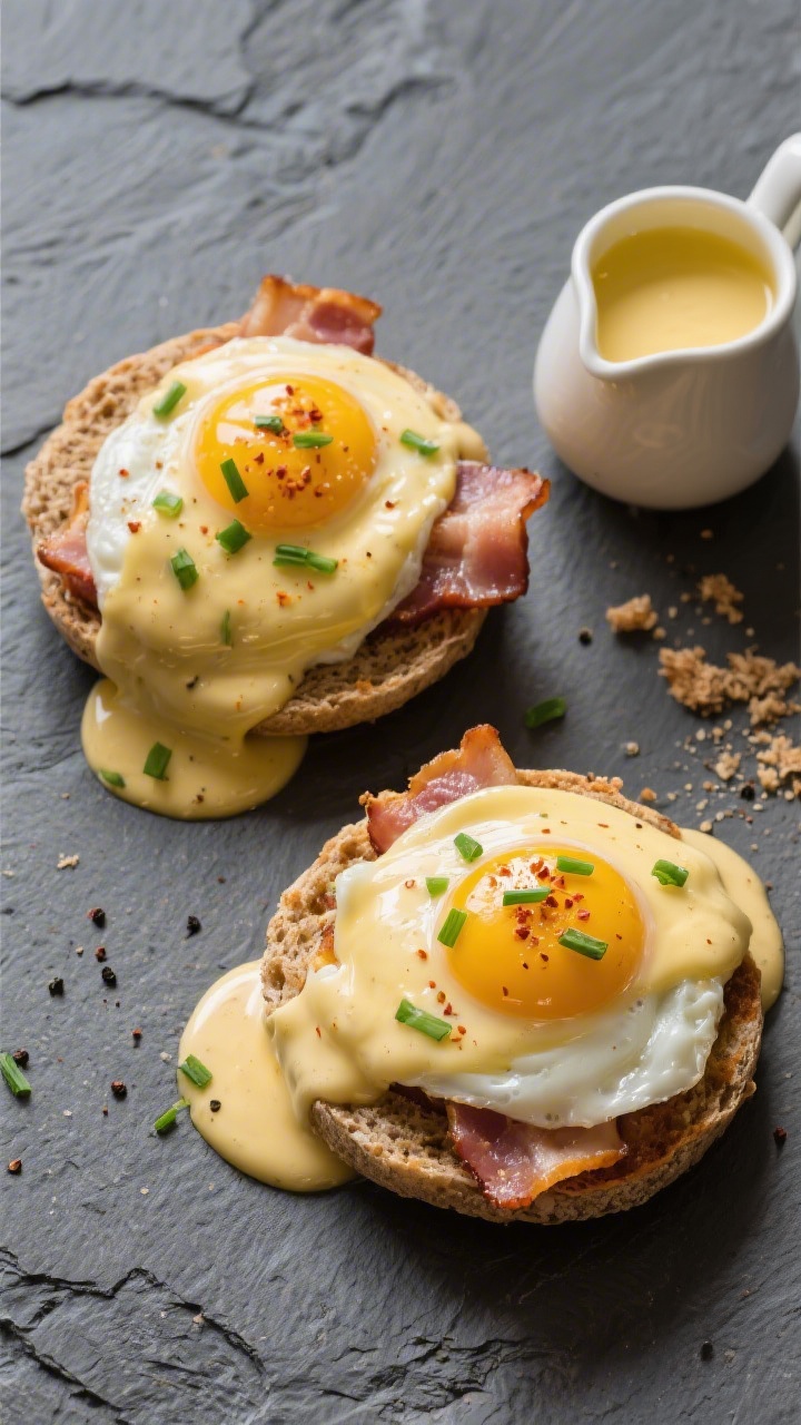 Tasty overhead top view: Overhead shot of two assembled Whole Wheat English Muffin Eggs Benedict on