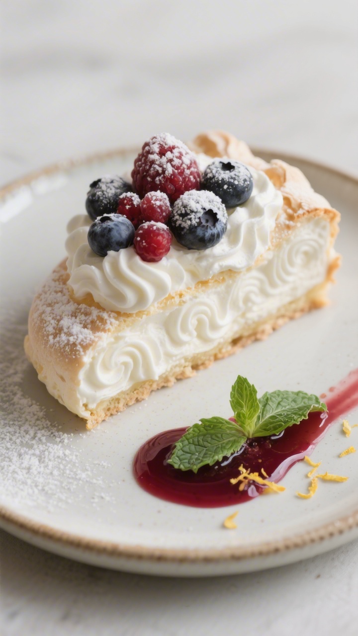 Tasty top-down serving moment: Overhead shot of a single pavlova slice on a small ceramic plate, sho