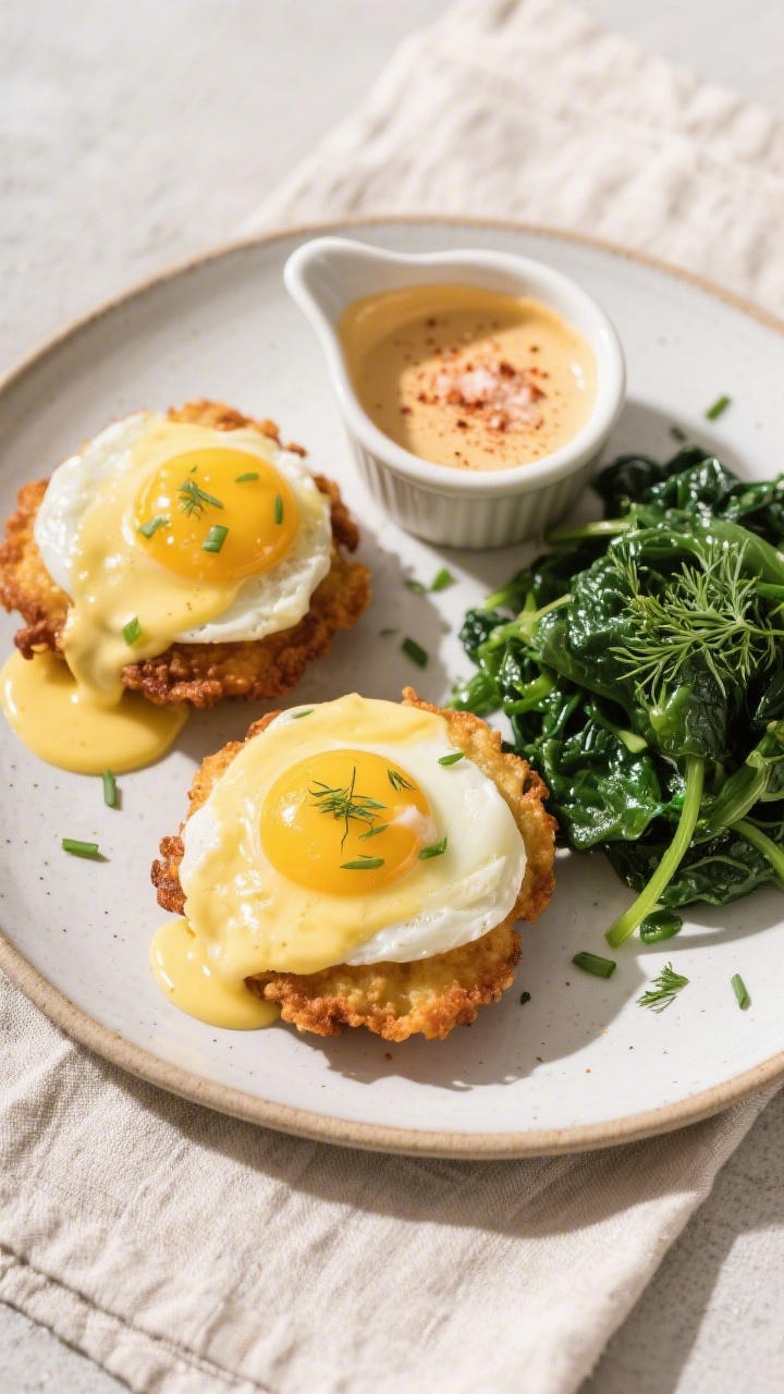 Tasty top-down spread: Overhead shot of a brunch plate featuring two fritter benedicts with perfectl