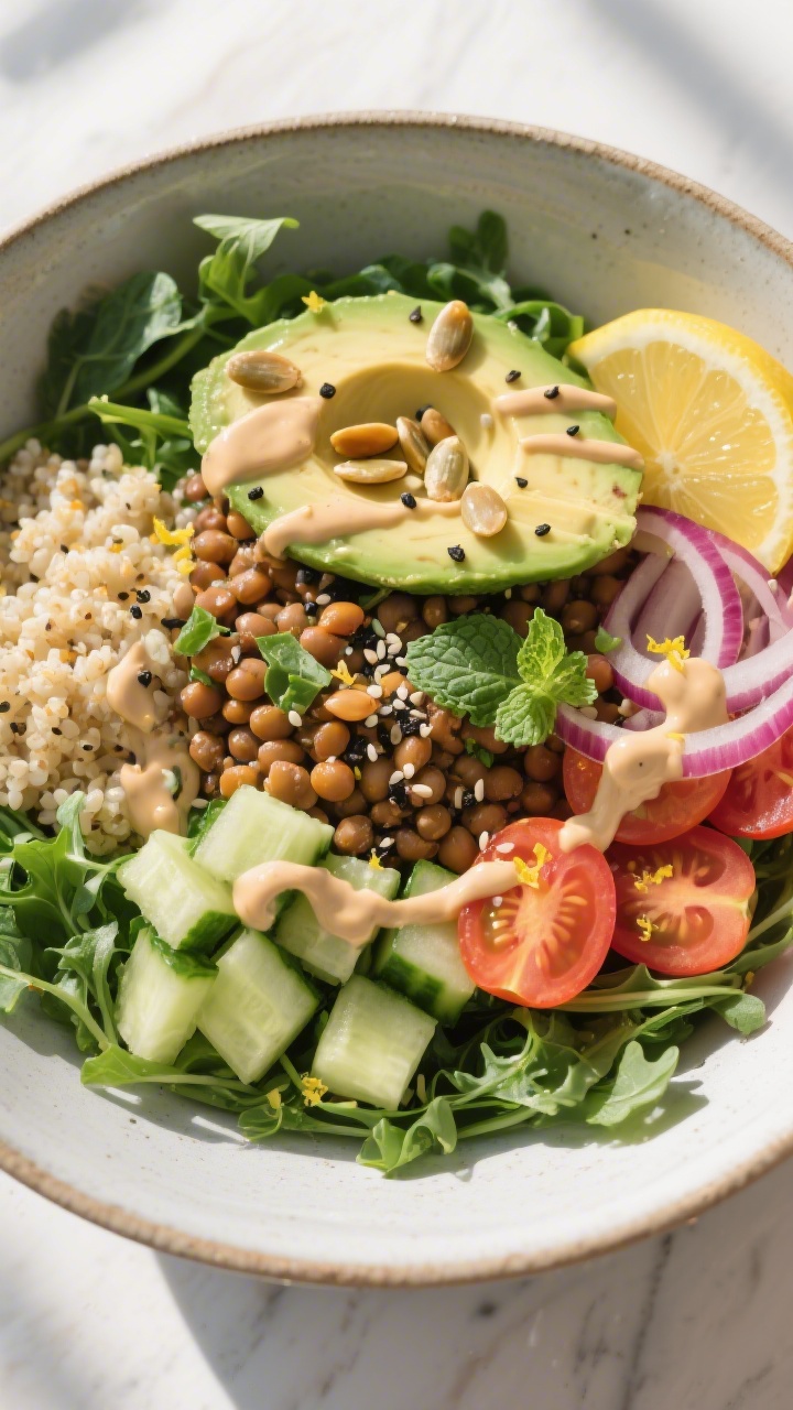 Tasty top view — assembled Lemon Tahini Lentil Bowl: Overhead shot of a vibrant lentil bowl layere