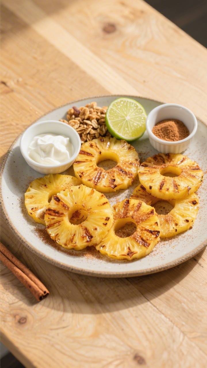 Tasty top view, brunch-style presentation: Overhead shot of cinnamon-sugar grilled pineapple rings a