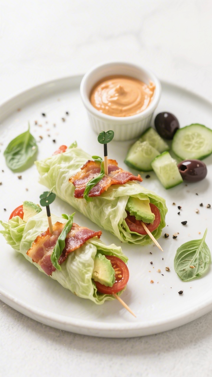 Tasty top view (final dish): Overhead shot of 3 plated keto BLT lettuce wraps on a matte white platt