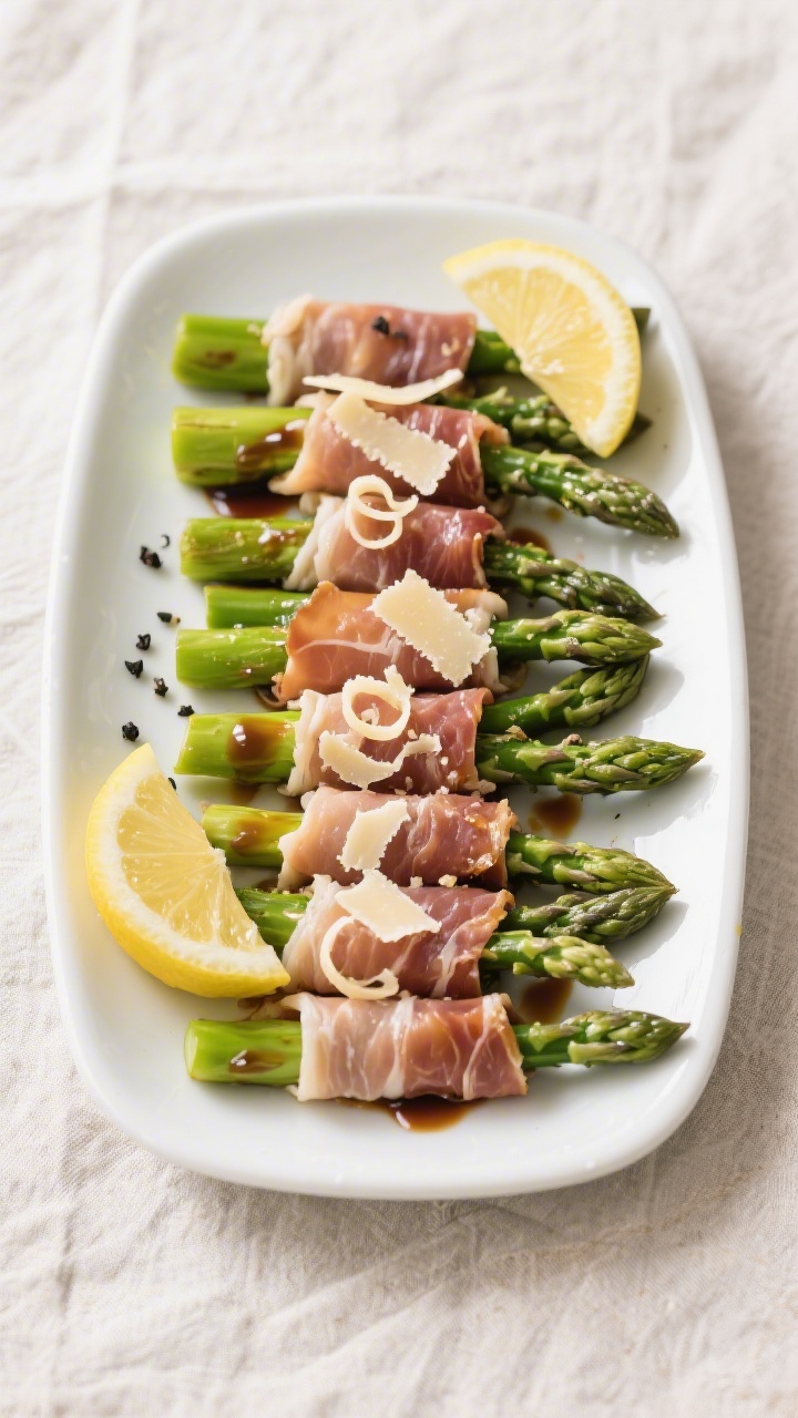 Tasty top view final dish: Overhead shot of a platter of prosciutto-wrapped asparagus arranged in ne