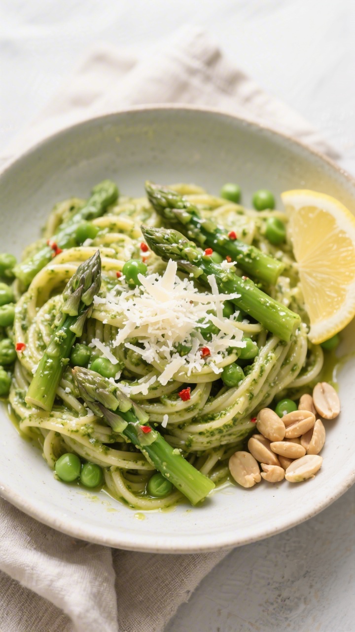 Tasty top view final dish: Overhead shot of a wide, shallow bowl of Spring Green Pesto Pasta, glossy