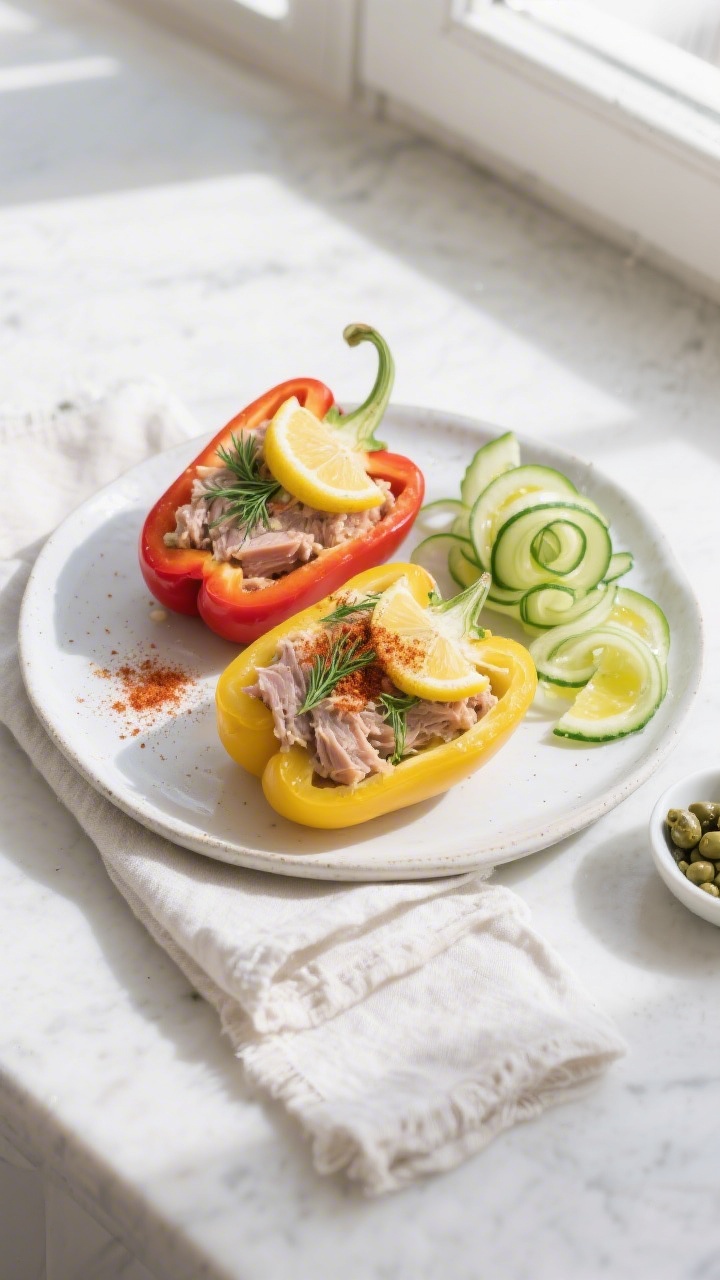Tasty top view – Final plated dish: Overhead shot of two tuna-stuffed bell pepper halves (one red,