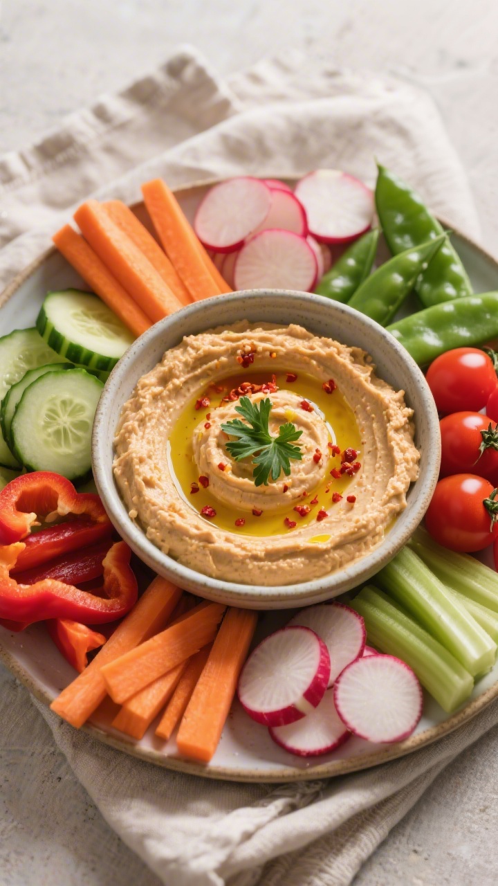 Tasty top view: Final platter presentation—roasted red pepper hummus in a wide bowl surrounded by