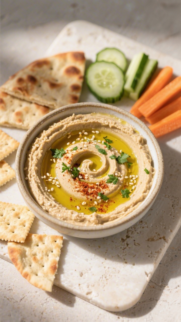 Tasty top-view final presentation: Overhead shot of a shallow ceramic bowl of lentil hummus with a s