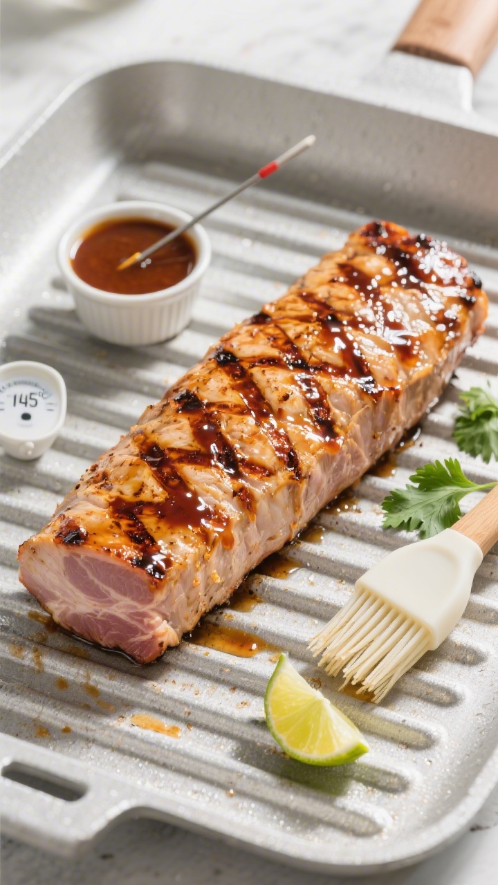 Tasty top view — Grill finish with glaze: Overhead shot of a whole pork tenderloin on clean, well-