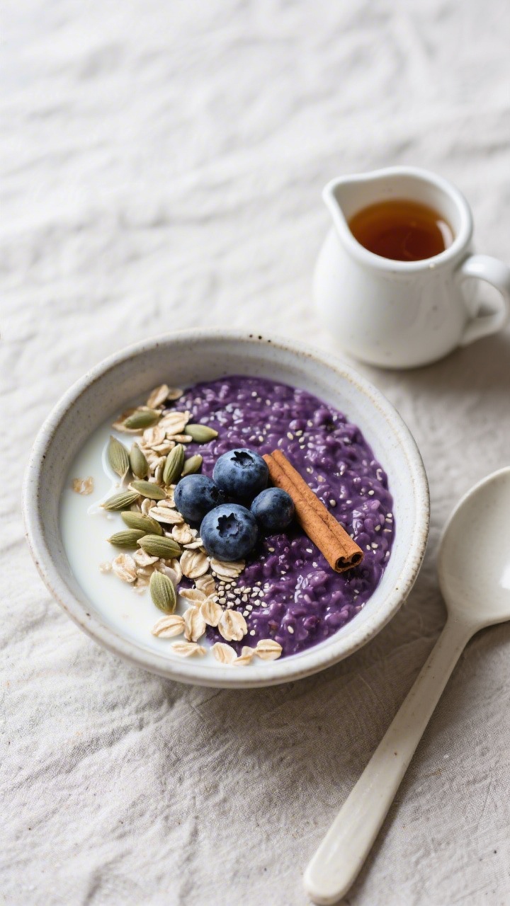 Tasty top view: Overhead breakfast scene featuring a neatly styled bowl of deep-purple blueberry chi