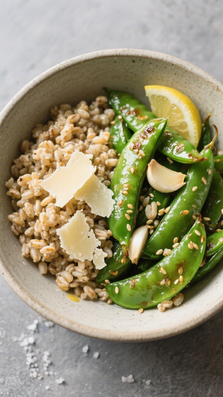 Tasty top view, overhead grain bowl pairing: Overhead shot of a warm grain bowl featuring a generous