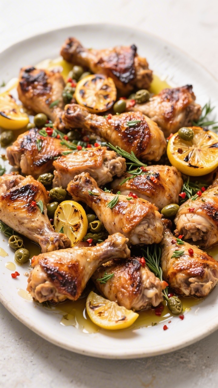 Tasty top view: Overhead hero shot of a family-style serving platter piled with roasted chicken thig
