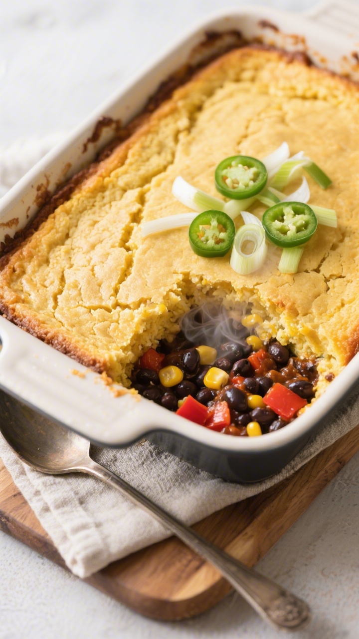 Tasty top view: Overhead hero shot of the baked casserole in the pan, cornbread top evenly risen and