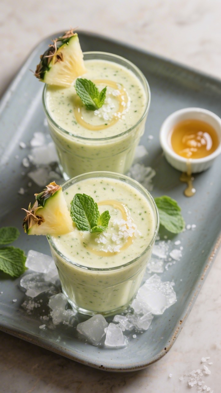 Tasty top view: Overhead hero shot of two medium glasses of the finished pineapple cucumber smoothie