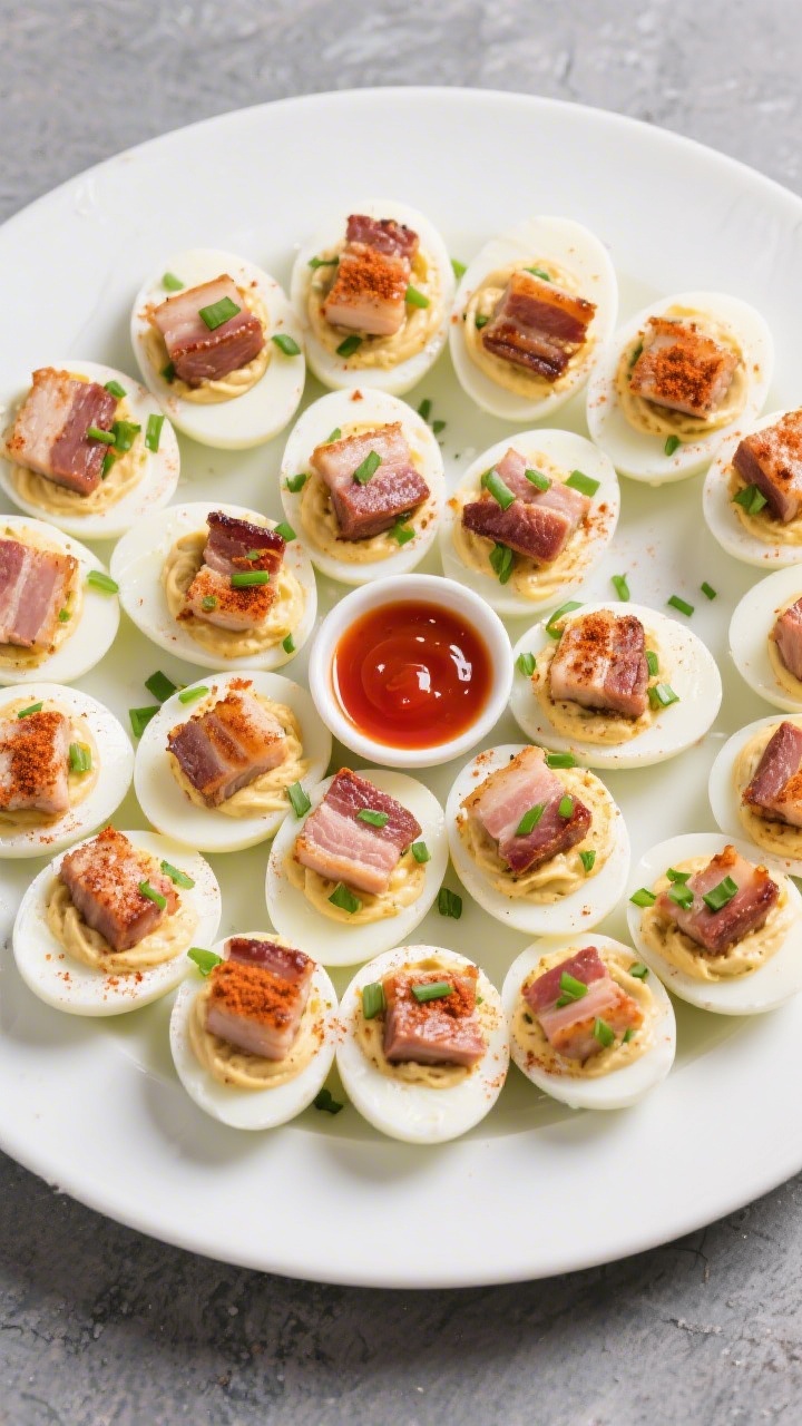 Tasty top view: Overhead party platter of Pork Belly Deviled Eggs arranged in tight concentric circl