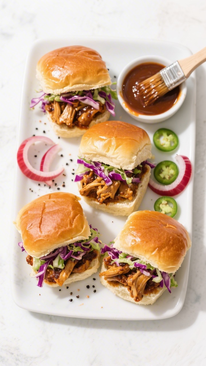 Tasty top view: Overhead platter of assembled BBQ jackfruit sliders (3–4 mini sandwiches) arranged