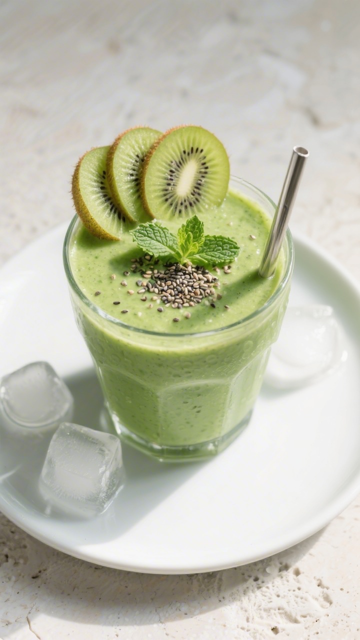 Tasty top view: Overhead presentation of the finished kiwi spinach smoothie in a wide-mouth glass, t