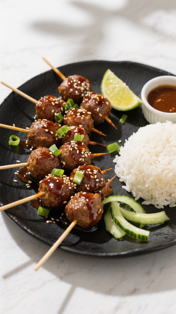 Tasty top view: Overhead shot of 6–8 short skewers threaded with 3–4 meatballs each, arranged fa