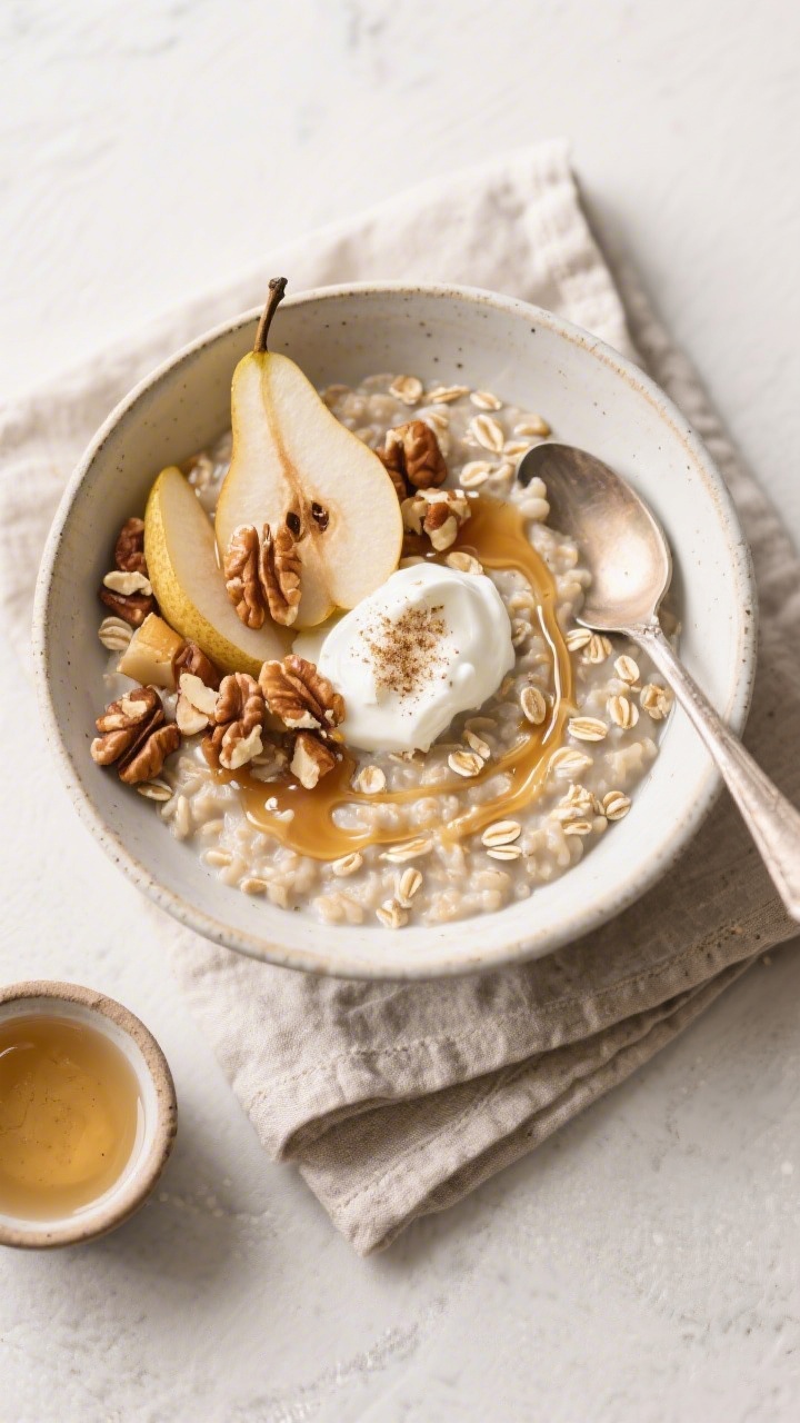 Tasty top view: Overhead shot of a bowl of Pear Honey Oatmeal finished with a swirl of honey, diced