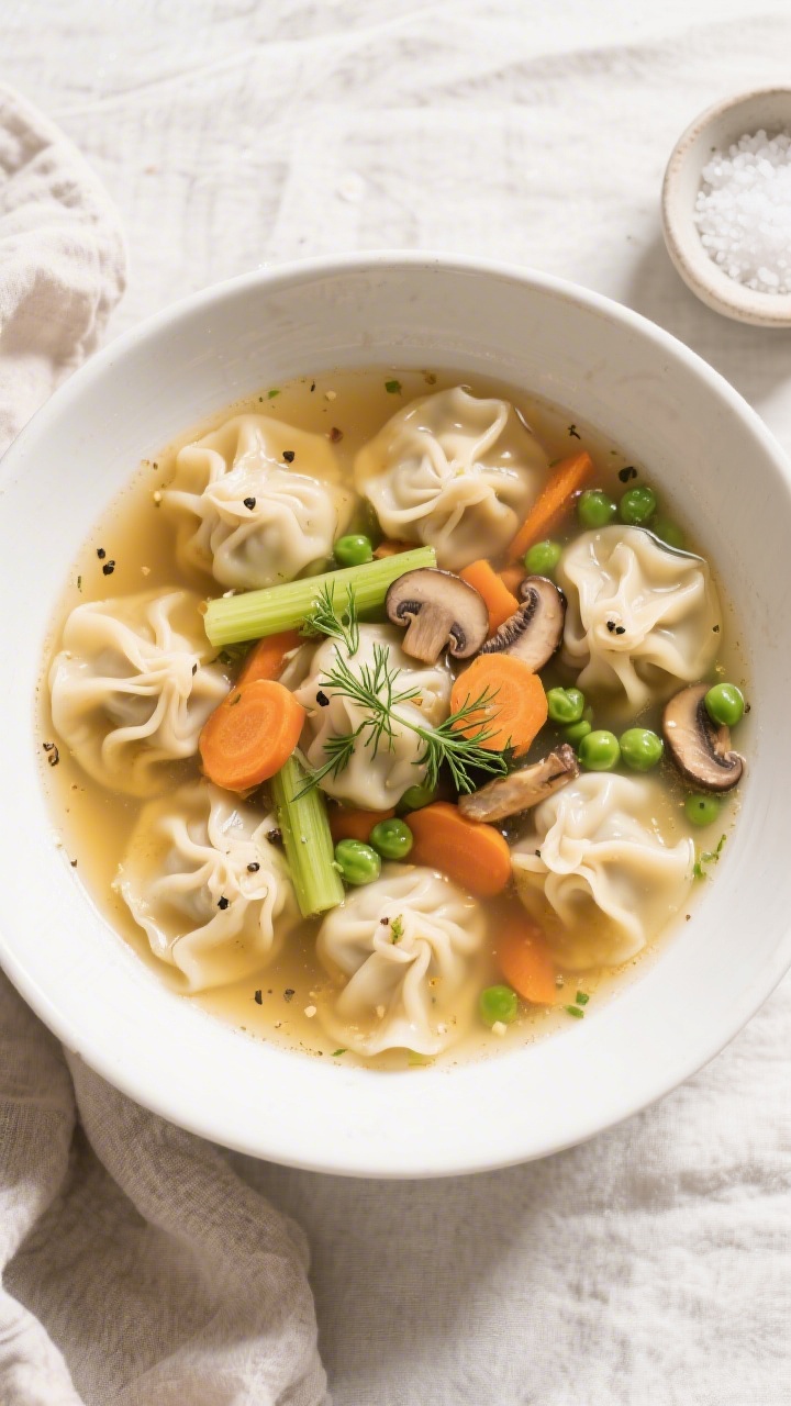 Tasty top view: Overhead shot of a bowl of Vegan Dumpling Soup, neatly arranged dumplings dotting a