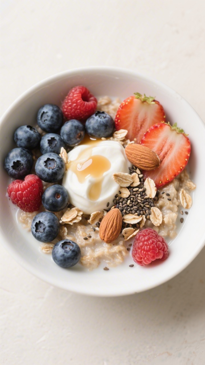 Tasty top view: Overhead shot of a breakfast bowl of Mixed Berry Oatmeal, topped with fresh blueberr