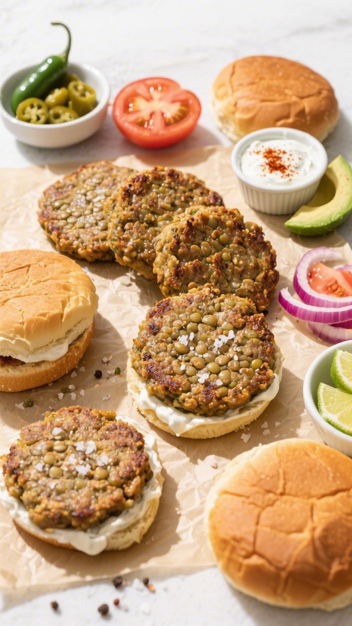 Tasty top view: Overhead shot of a burger night spread featuring multiple cooked lentil patties rest