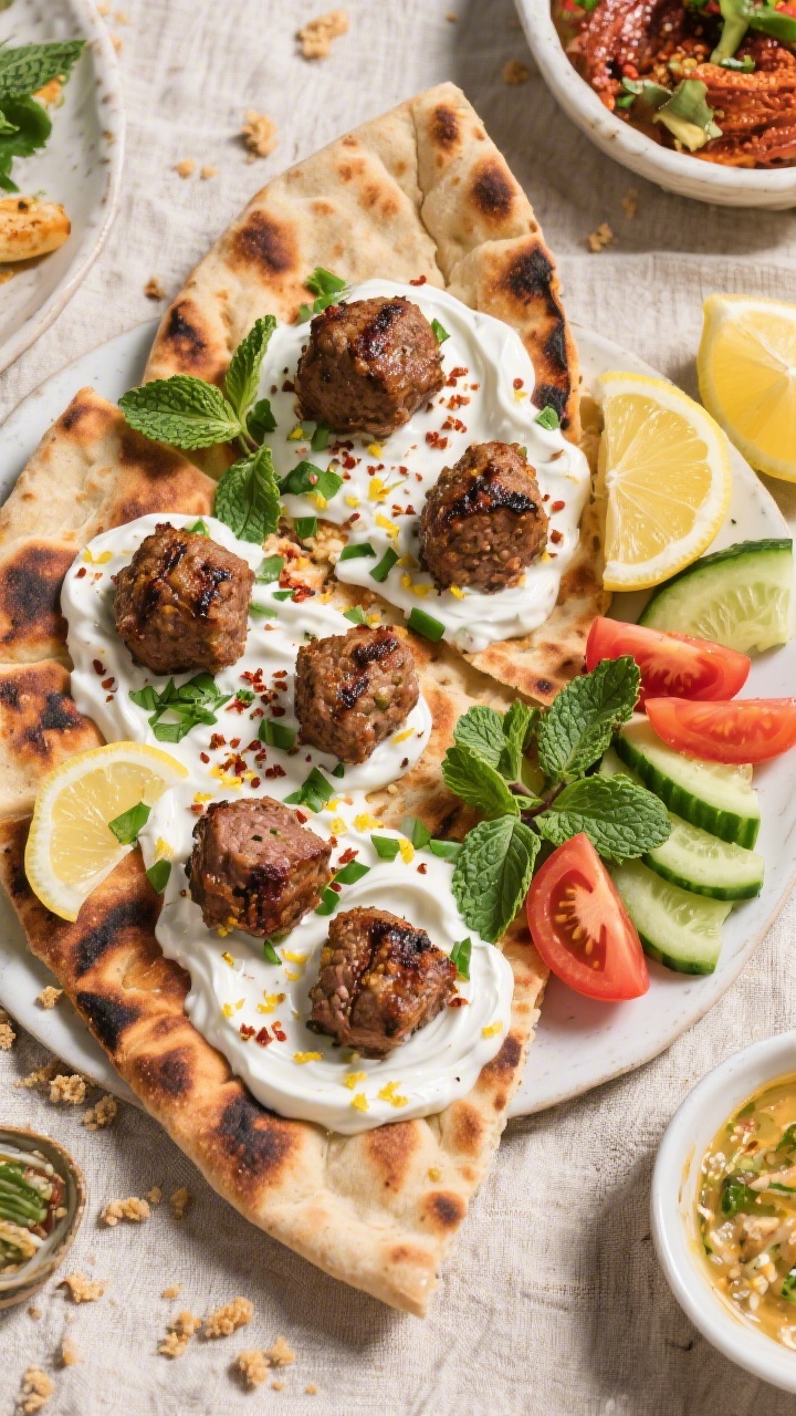 Tasty top view: Overhead shot of a casual mezze-style spread—grilled lamb kofta arranged on warm c