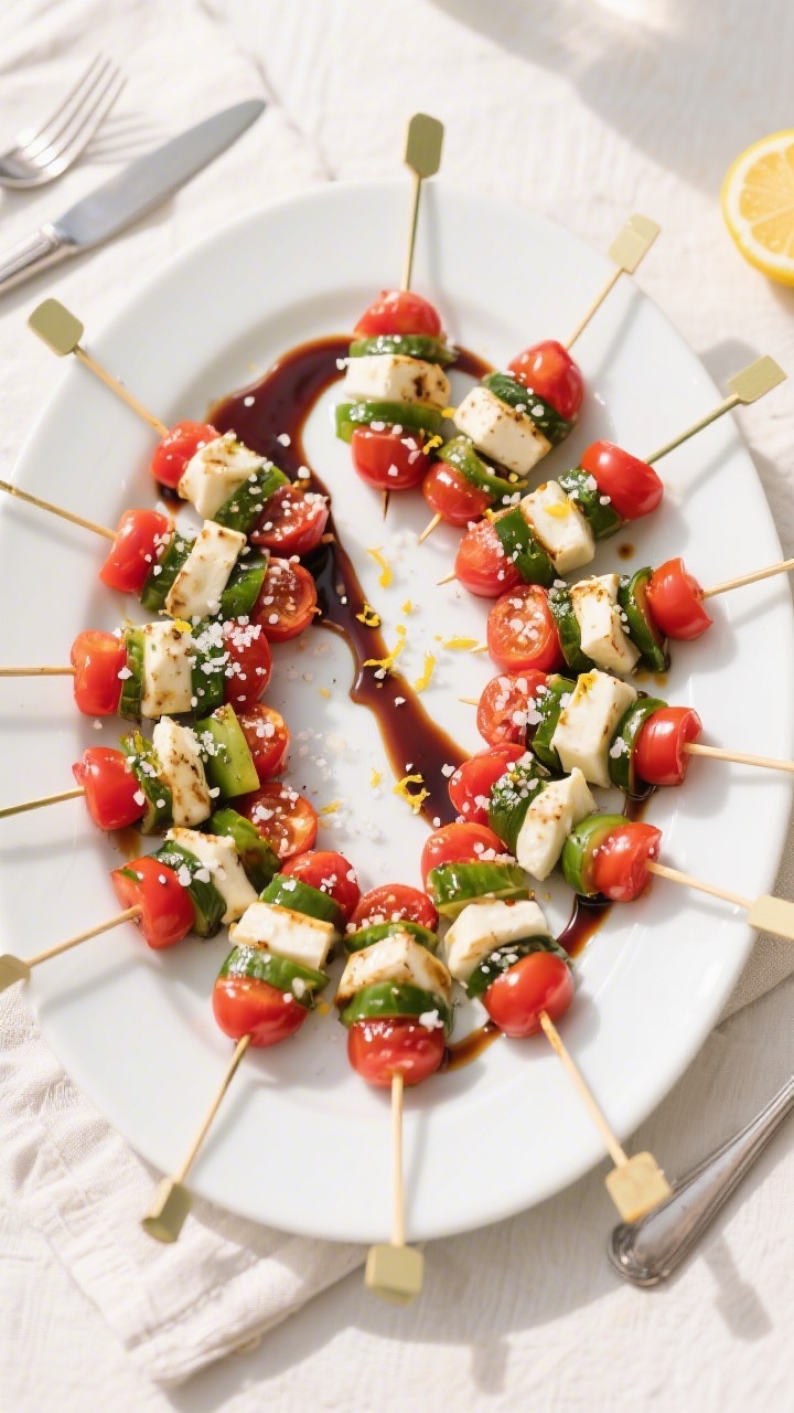 Tasty top view: Overhead shot of a circular fan of finished Caprese skewers on a wide white platter,