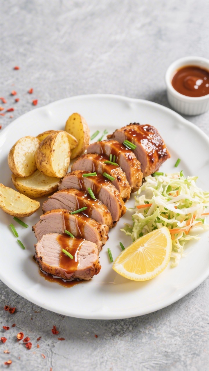 Tasty top view: Overhead shot of a dinner plate featuring sliced honey BBQ pork tenderloin arranged