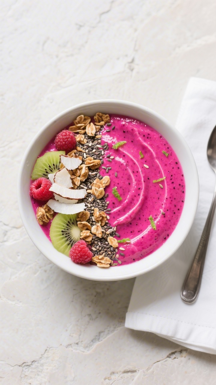 Tasty top view: Overhead shot of a dragon fruit smoothie bowl with ultra-creamy, spoonable texture,