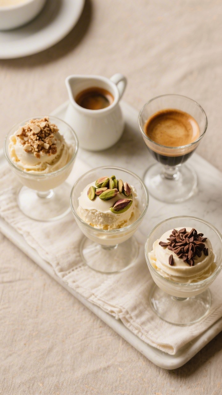 Tasty top view: Overhead shot of a finished affogato bar setup for serving—three small coupes pre-