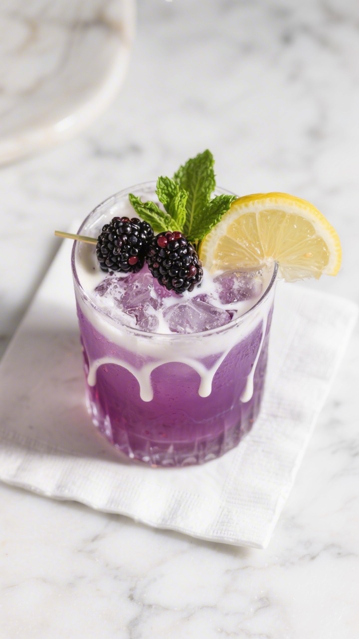 Tasty top view: Overhead shot of a finished Blackberry Gin Bramble showcasing the signature crème d